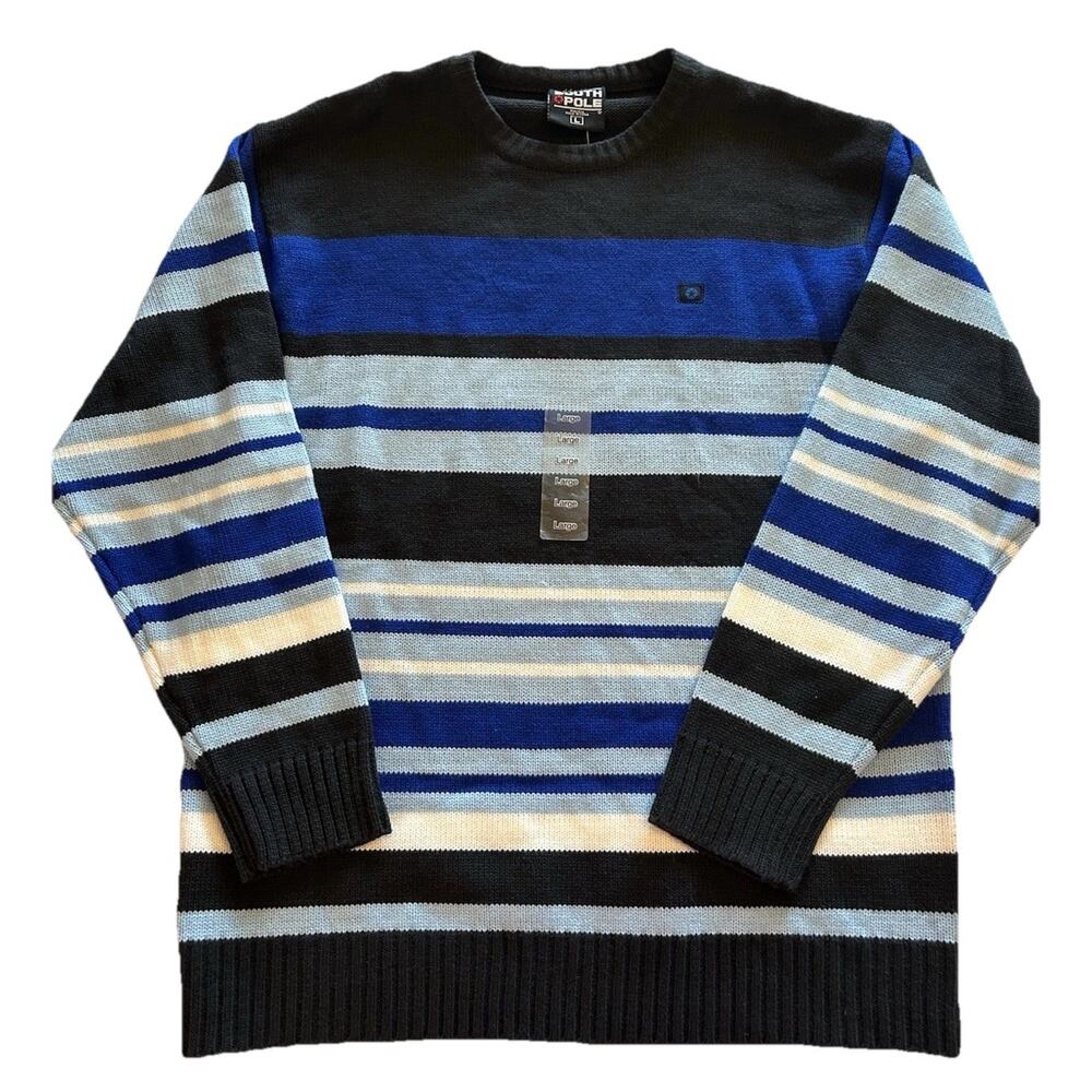 NWT Vtg Southpole Sweater Mens Large Blue Stripe Knit Pullover Y2K Oversize Logo